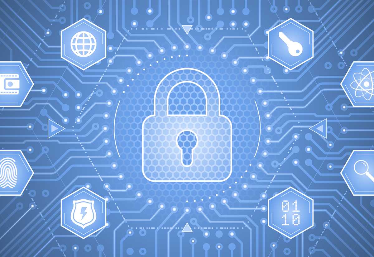 A secure lock at the center, surrounded by icons representing security elements such as a fingerprint, key, and passcode